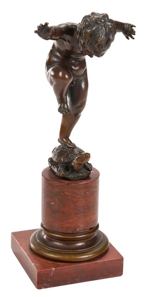 Otto Geyer, Putto Balancing on a Tortoise, patinated bronze on bronze and Siena marble pedestal base