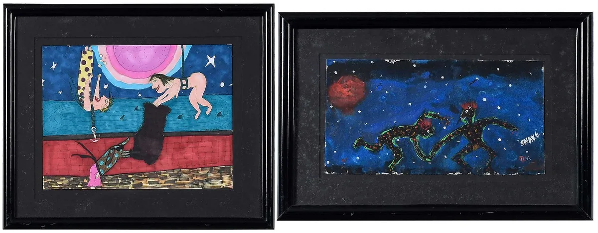 Jesse Lee Mitchell, Two Works: Dog Nights and Falling Angels, felt marker on paper