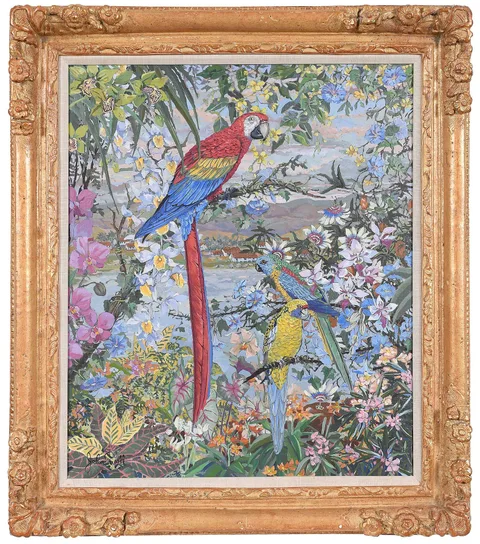 John Powell, Parrots in a Flowering Tropical Landscape, oil on canvas