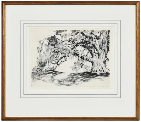 The Patriarch-Middleton Gardens by Alfred Heber Hutty, 1942, drypoint on paper, sold Jul 2023