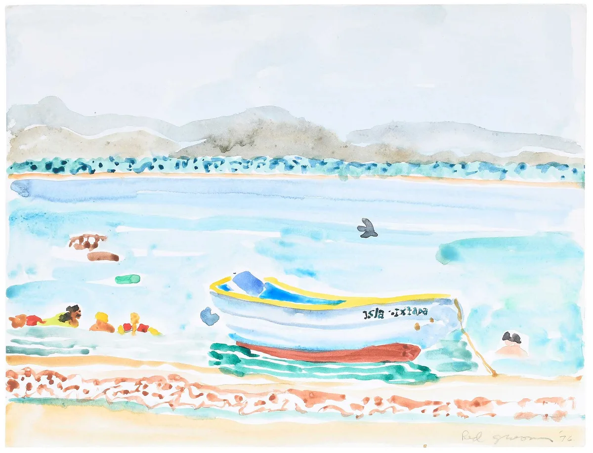 Beach at Isla Ixtapa by Red Grooms, 1976, watercolor, sold Jul 2023