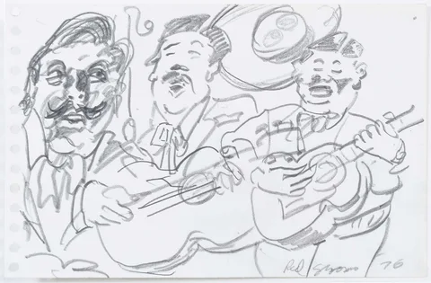 Three Musicians by Red Grooms, pencil, sold Jul 2023