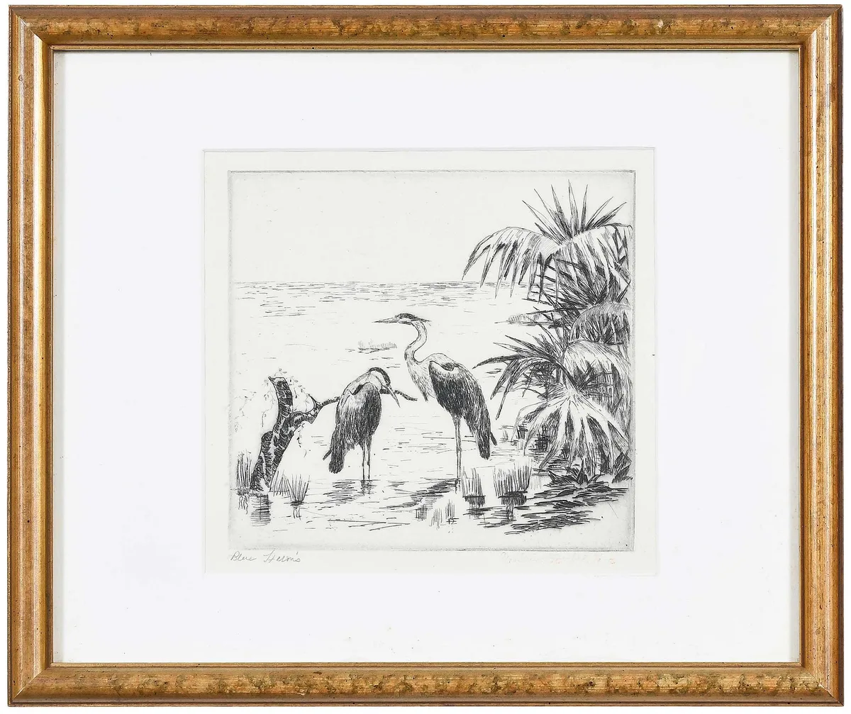 Blue Herons by Antoinette Rhett, etching, sold Jul 2023