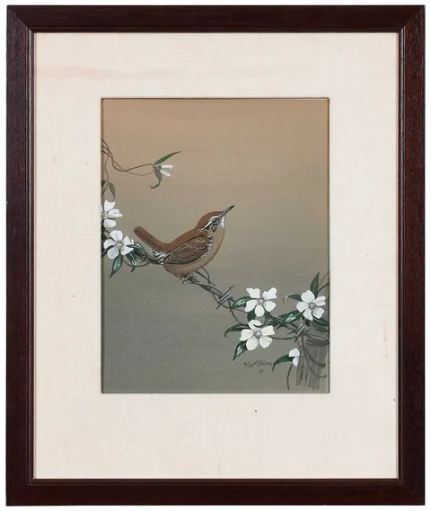 Edward Von Siebold Dingle, Carolina Wren on Jessamine, gouache on paper laid on Bainbridge board