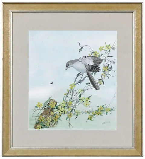 Edward Von Siebold Dingle, Mockingbird and Pygmy Blue Butterfly, gouache on paper