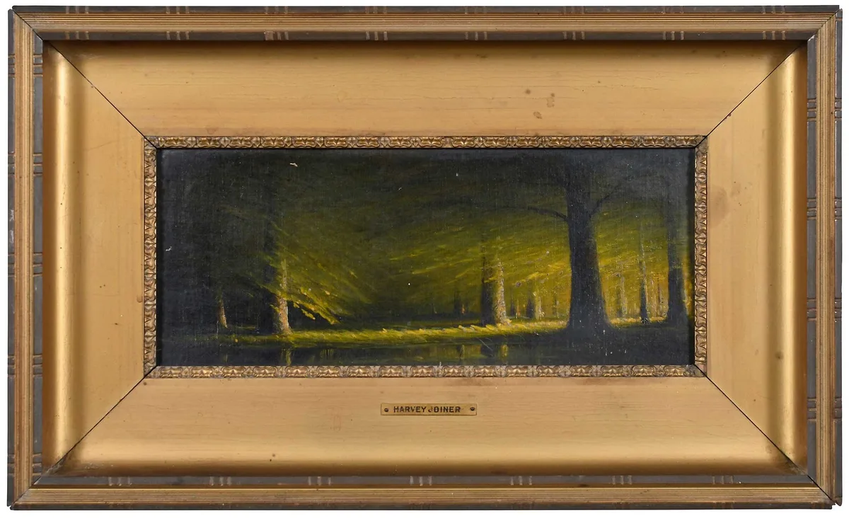 Untitled (Sunlit Beeches) by Harvey Joiner, oil on board, sold Jul 2023
