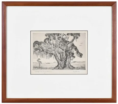 Elizabeth White, Windswept Trees, Pawleys Island, S.C., etching