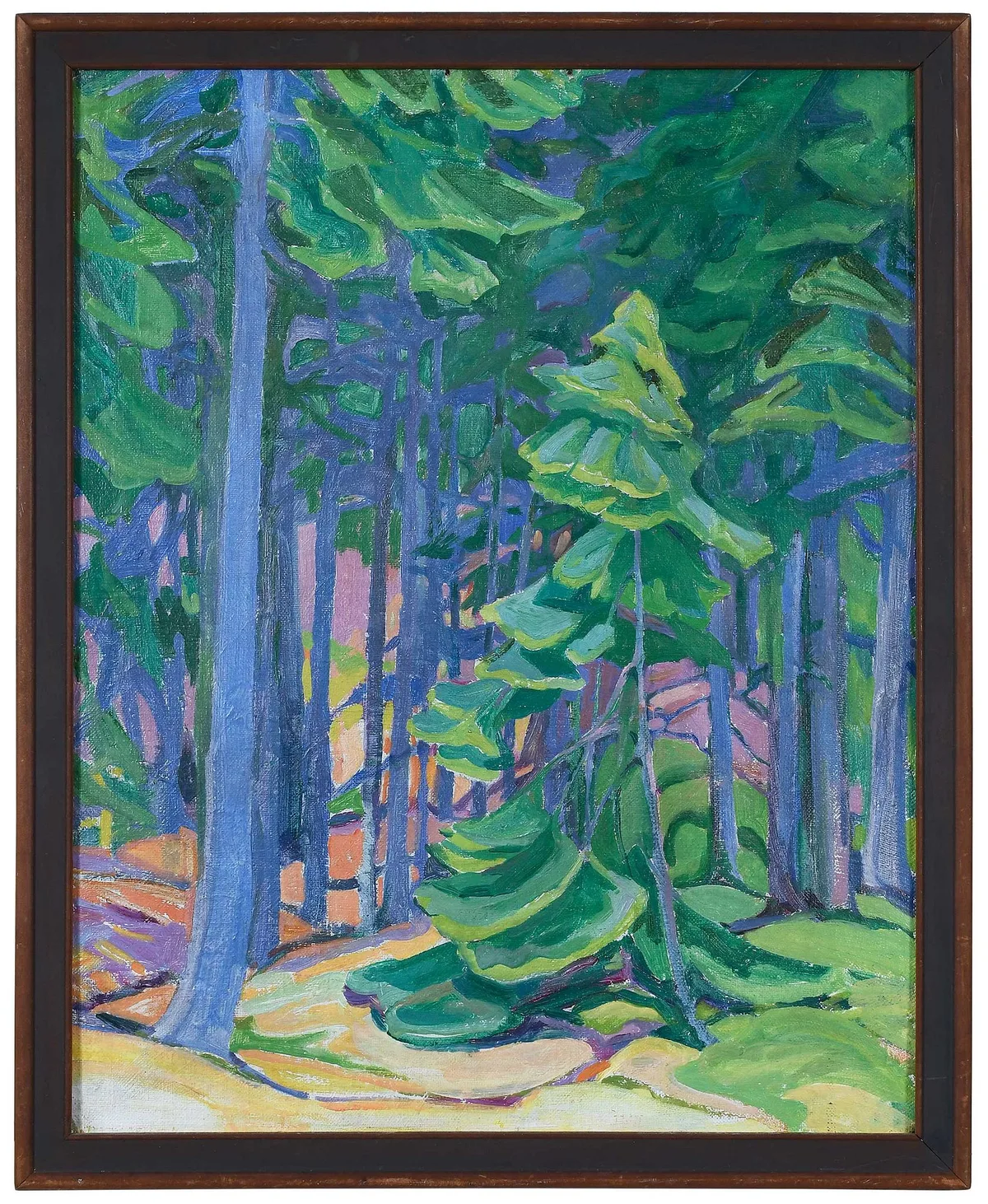 Concept painting, pine trees, not visibly signed by Katherine Severance Wraight, oil on canvas, sold Jul 2023