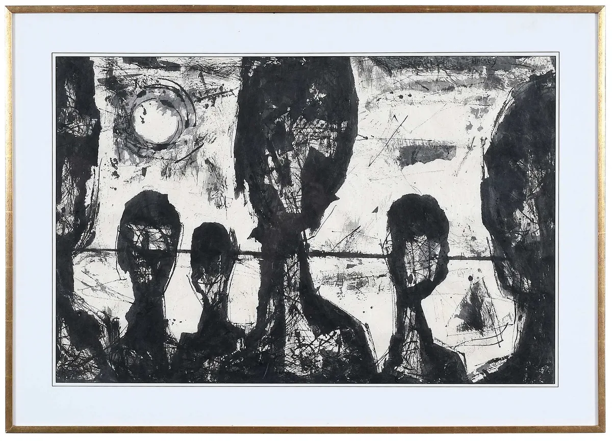 William Melton Halsey, The Watchers, 1963, ink wash on Japanese rice paper