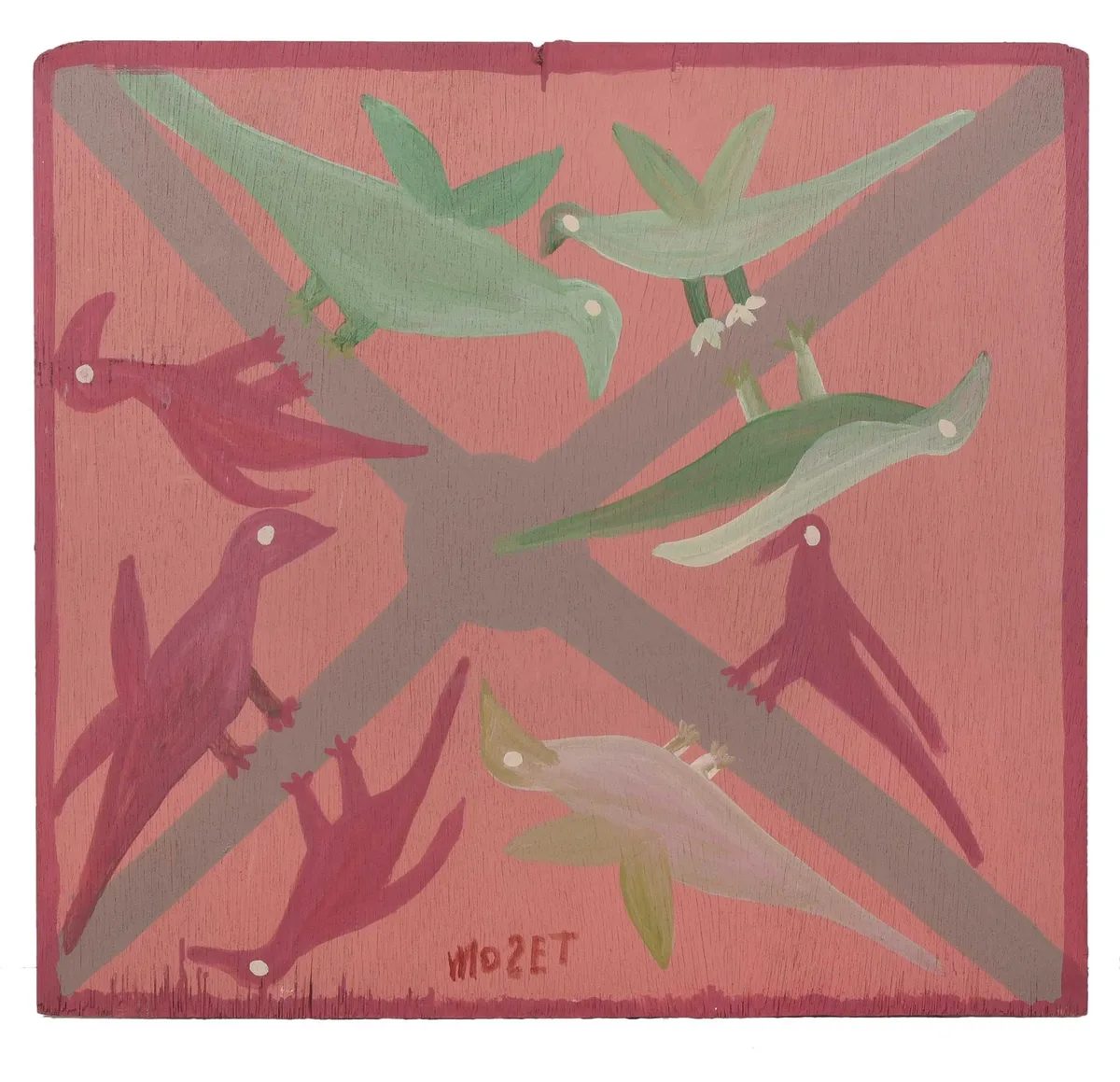 Birds by Mose Tolliver, paint on board, sold Jul 2023