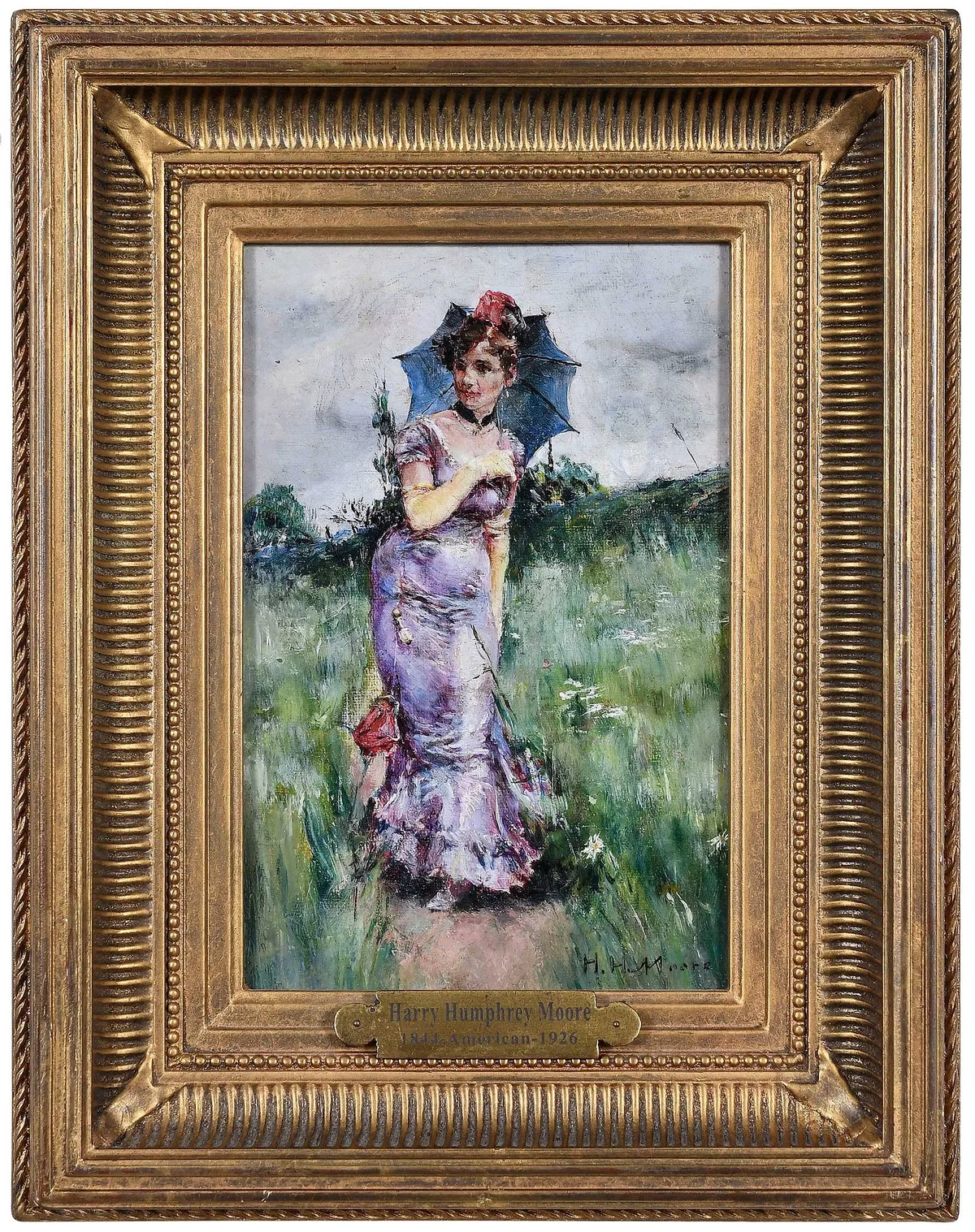 Lady with a Parasol by Harry Humphrey Moore, oil on canvas, sold Jul 2023