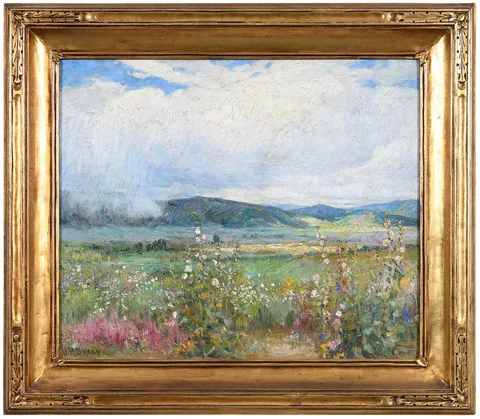 Joseph Henry Sharp, Cosmos and Hollyhocks, Taos, New Mexico, oil on canvas