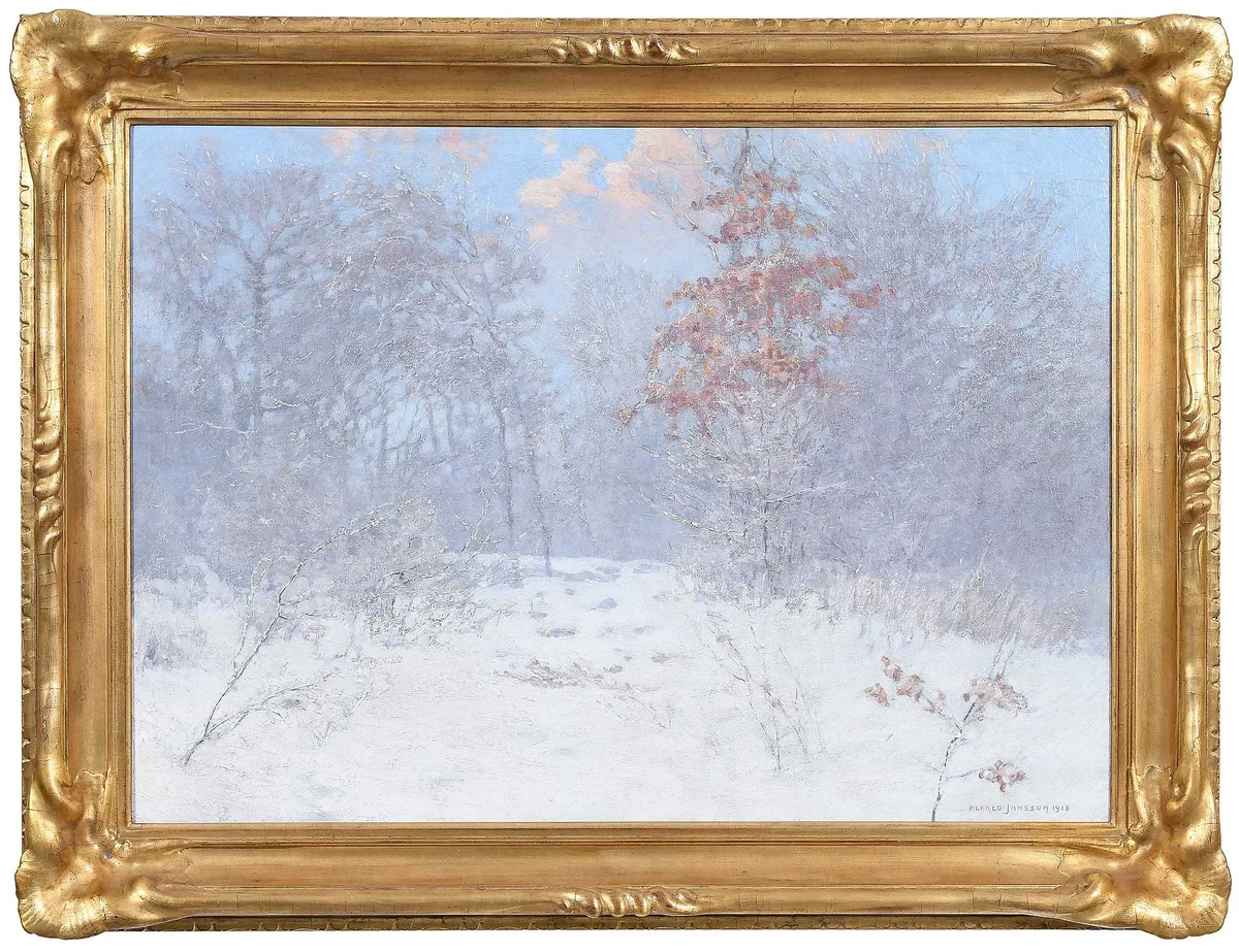 Winter Scene by Alfred Jansson, 1913, oil on canvas, sold Jul 2023