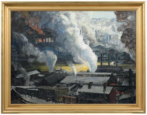 Pittsburgh Steel Mills by Johanna Hailman, circa 1950s, oil on canvas, sold Jul 2023