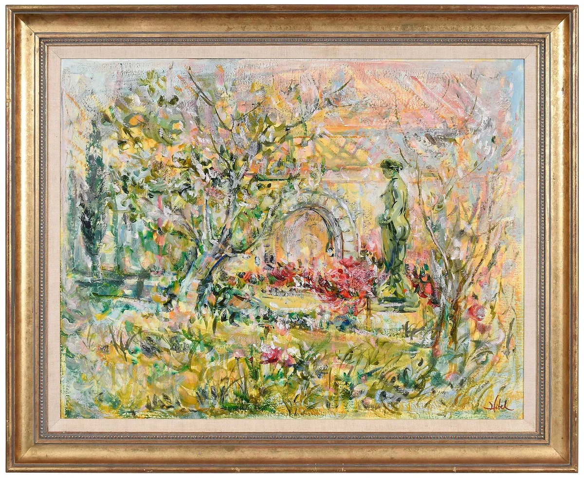 Edna Hibel Plotkin, Monet's Garden, oil on board