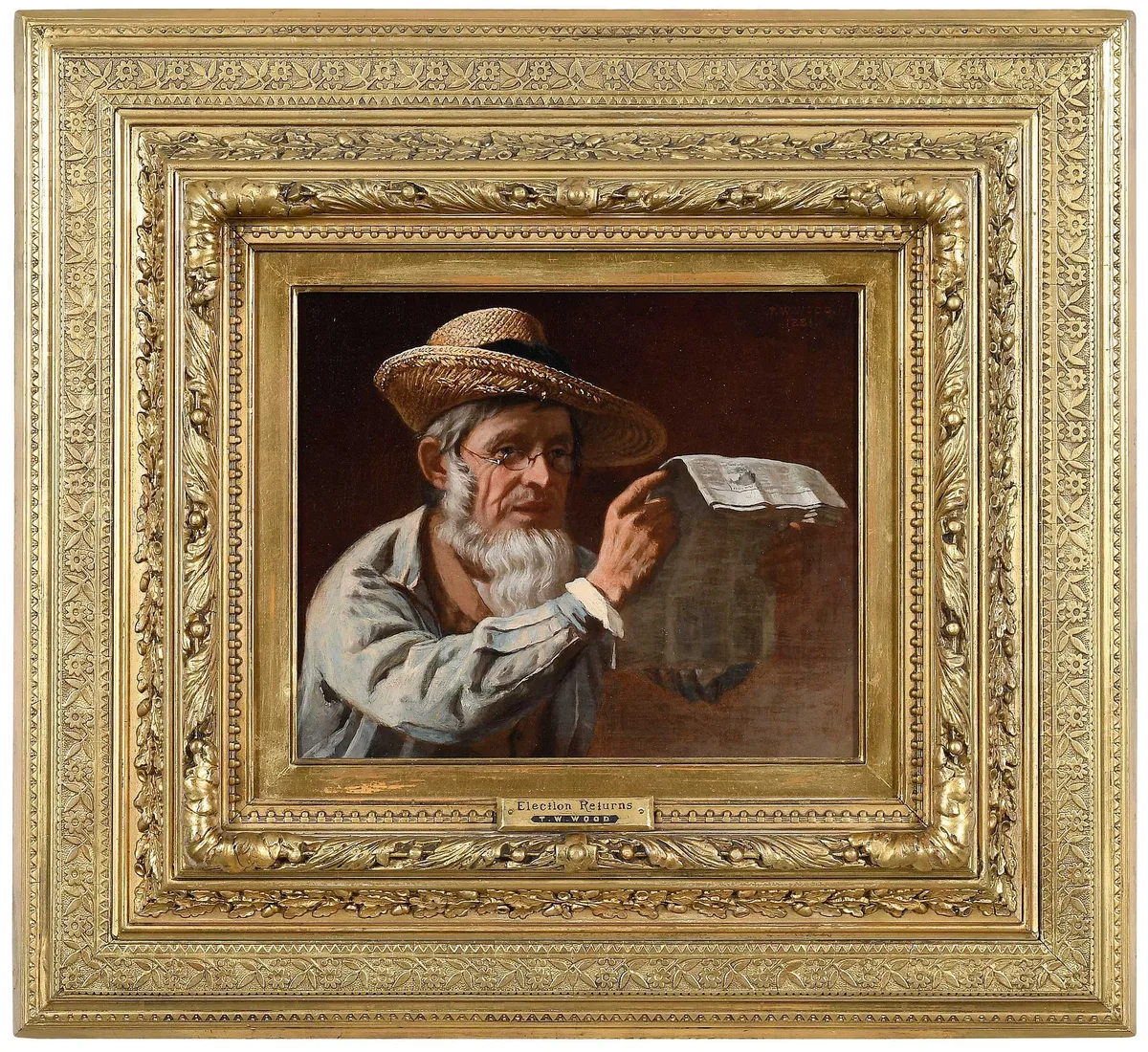 Election Returns by Thomas Waterman Wood, 1881, oil on canvas, sold Jul 2023