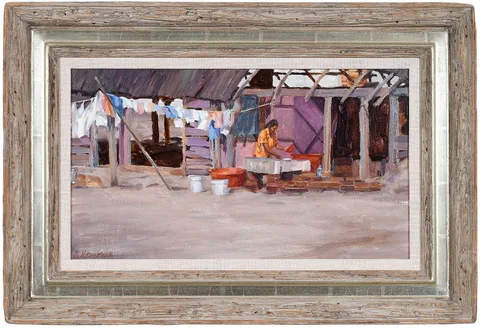 Mike Desatnick, Beach House, Wash Day, Mexico, 1983, oil on Masonite
