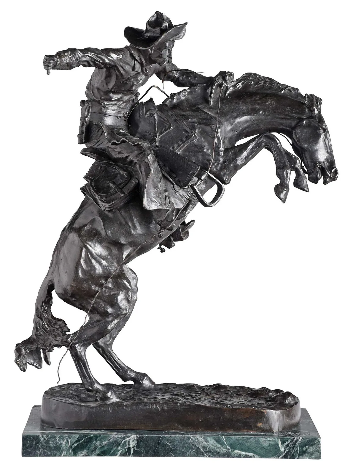 Bronco Buster by Frederic Remington, patinated bronze with green marble base, sold Jul 2023
