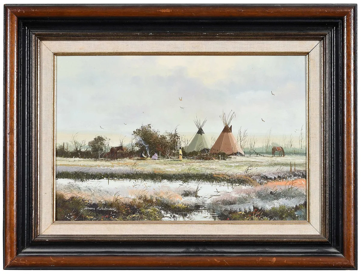 Campfire by Thomas A. Dedecker, oil on Masonite, sold Jul 2023