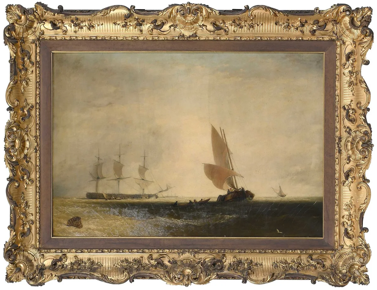Augustus Wall Callcott, A Frigate and Fishing Vessel on the Channel, not apparently signed, oil on canvas