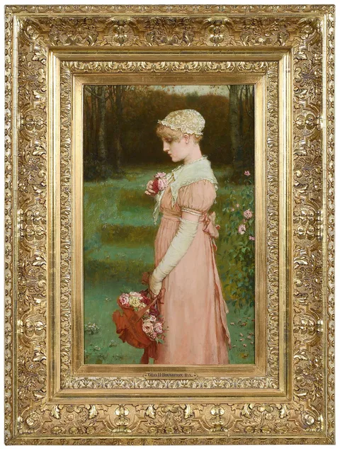 George Henry Boughton, Girl Gathering Roses, oil on canvas
