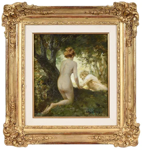 Allan Douglas Davidson, The Nymph Spying on a Satyr, oil on artist board