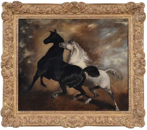 Alfred de Dreux, Two Stallions, oil on canvas