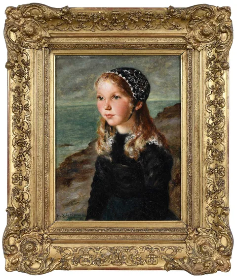 Henry d'Estienne, The Awaited Father, portrait of a young girl looking out to sea, oil on canvas