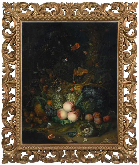Rachel Ruysch, Still Life on a Forest Floor with Peaches, Grapes, a Lizard, Insects, Snails, a Nest, Birds, and Flowers, after a painting in the Galleria Palatina, Palazzo Pitti, Florence, inv. no. 451, oil on canvas