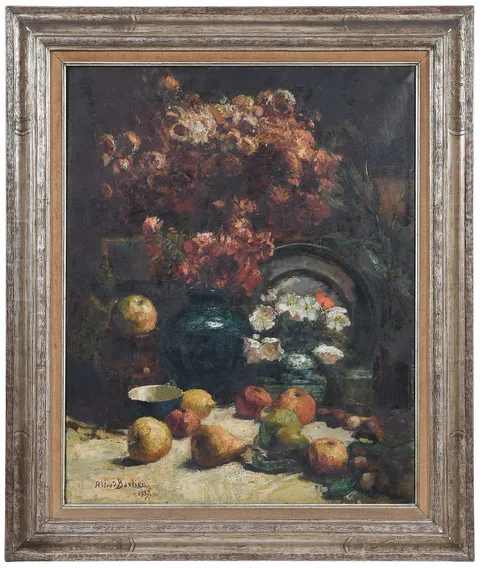 Alfred Bastien, Fleurs et Fruits, oil on canvas