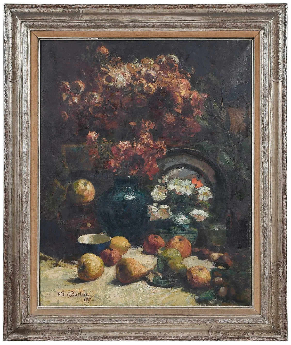Alfred Bastien, Fleurs et Fruits, oil on canvas