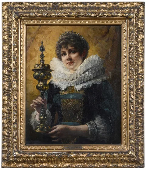 Franz Wagner, Young Woman wearing Elizabethan costume and holding a standing cup, oil on canvas