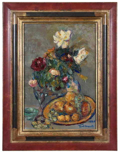 Still Life with Flowers and Fruit by Wlodzimierz Vladimir de Terlikowski, 1940, oil on canvas, sold Jul 2023