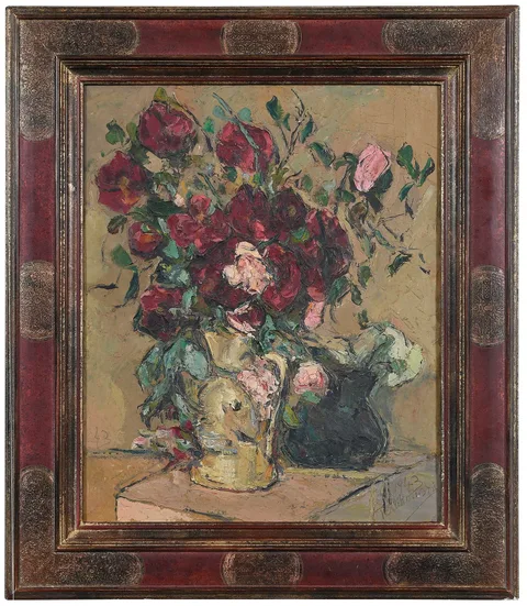 Â Wlodzimierz Vladimir de Terlikowski, Still Life with Roses and a White Vase, painting of bird verso, 1943, oil on canvas