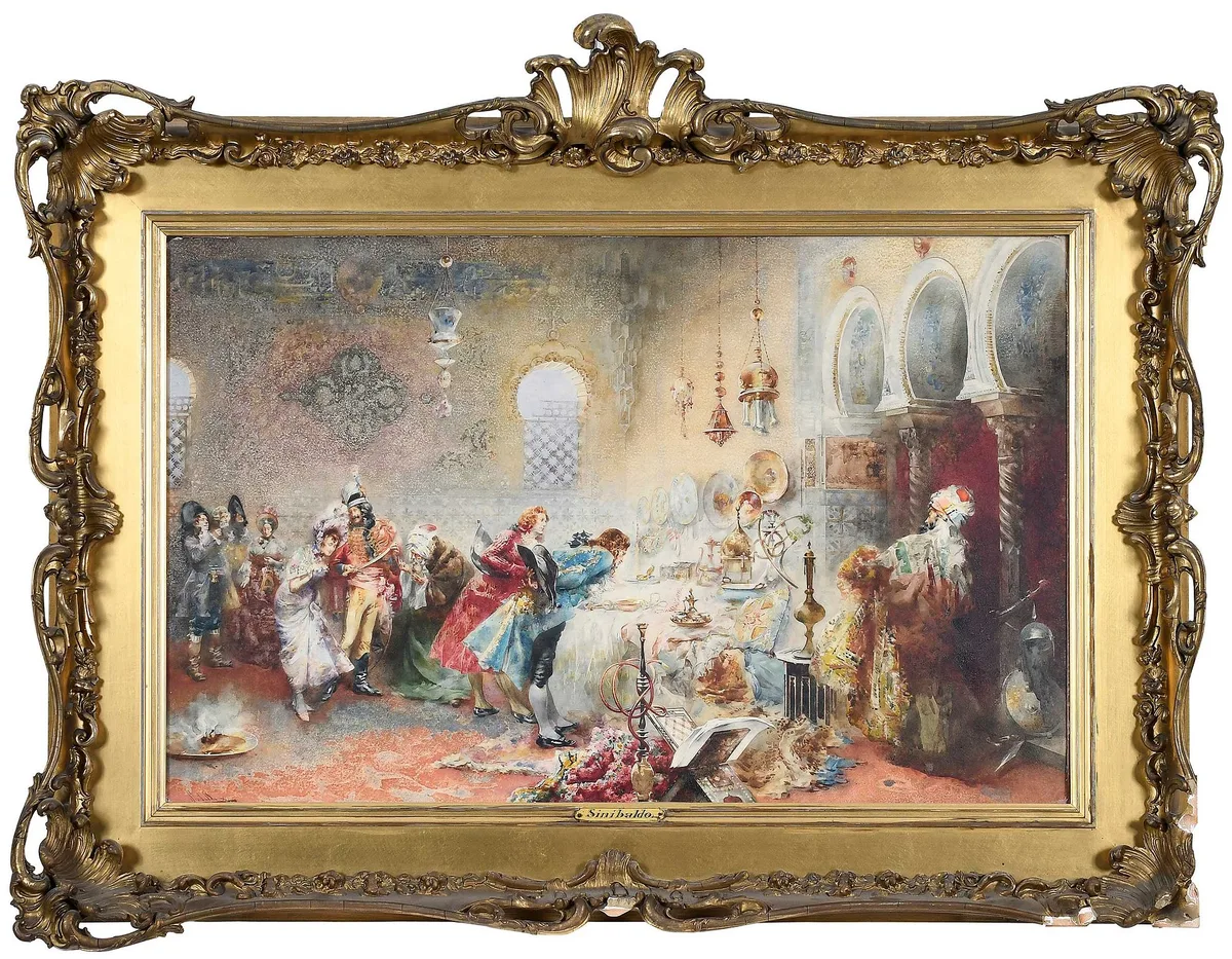 Europeans at a Middle Eastern Market by Sinibaldo Tordi, watercolor on paperboard, sold Jul 2023