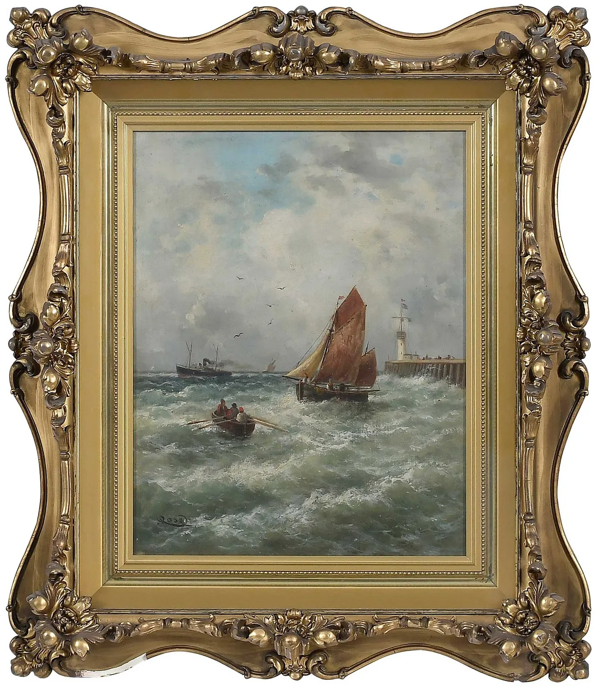 Antonio Rose, Coastal Scene with Lighthouse, oil on canvas