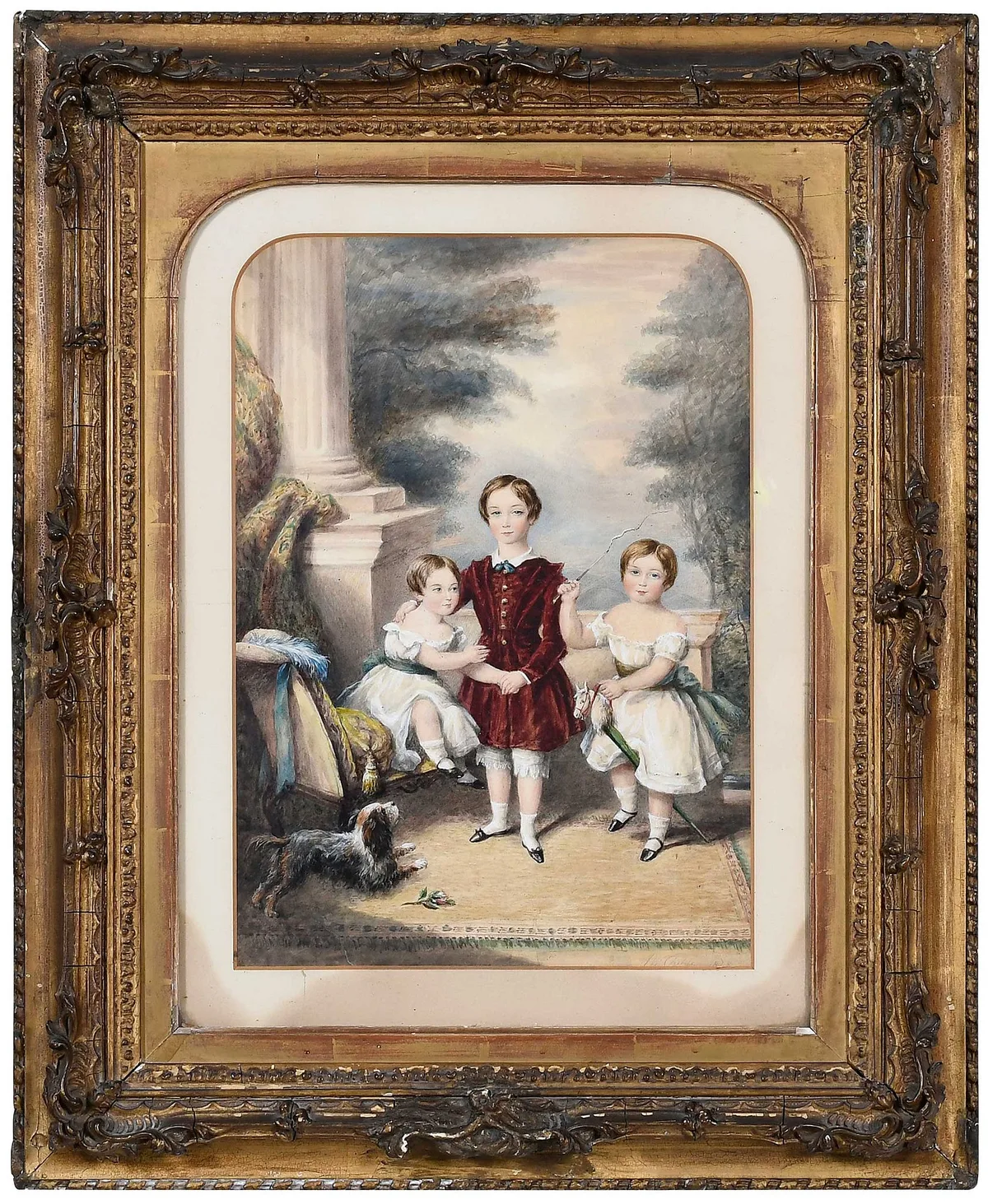 James Warren Childe, Portrait of Three Children in Garden with a Spaniel, watercolor and gum Arabic on cream wove paper