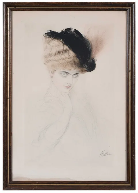 Paul César Helleu, Portrait de femme au chapeau à plumes, drypoint in colors