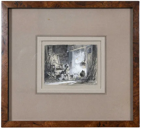 Charles Jacque, Two Dogs and a Cat by a Hearth, ink wash on paper