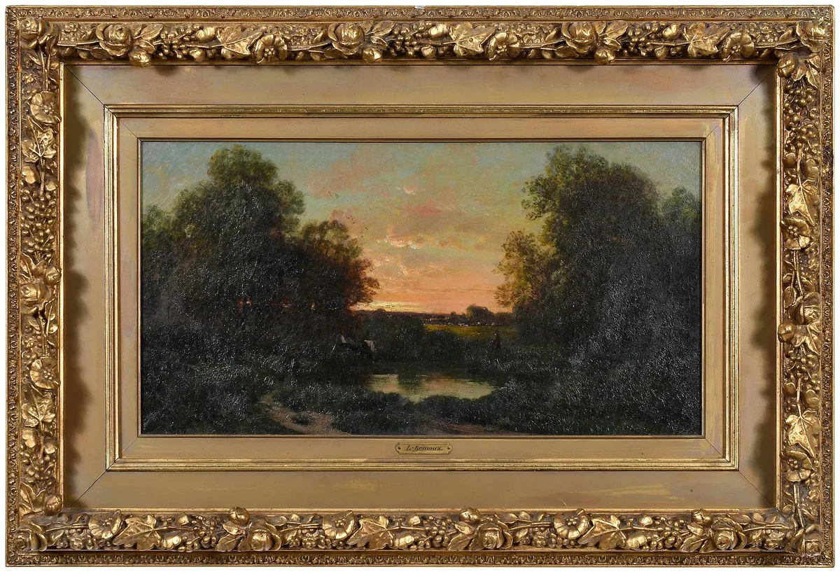 L. Bernaux, Fishing Scene at Sunset, oil on canvas