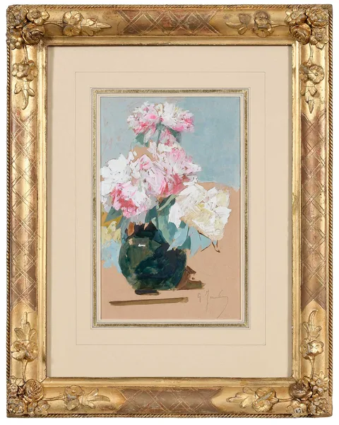 Georges Jeannin, Pink and White Roses in a Green Vase, oil on card