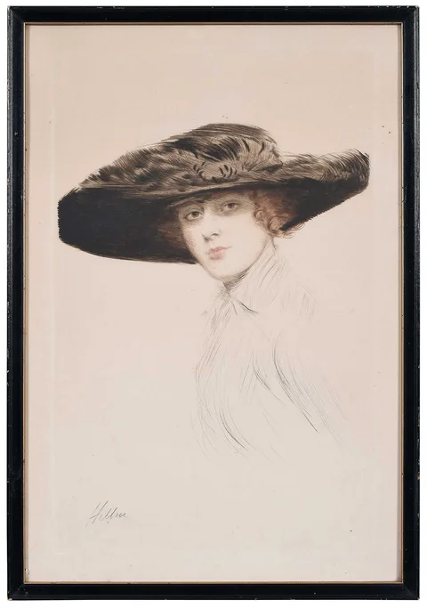 Paul César Helleu, Woman in Hat, drypoint in colors