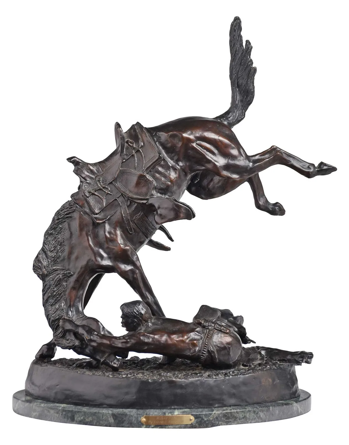 Wicked Pony by Frederic Remington, patinated bronze on green marble base, sold Jul 2023