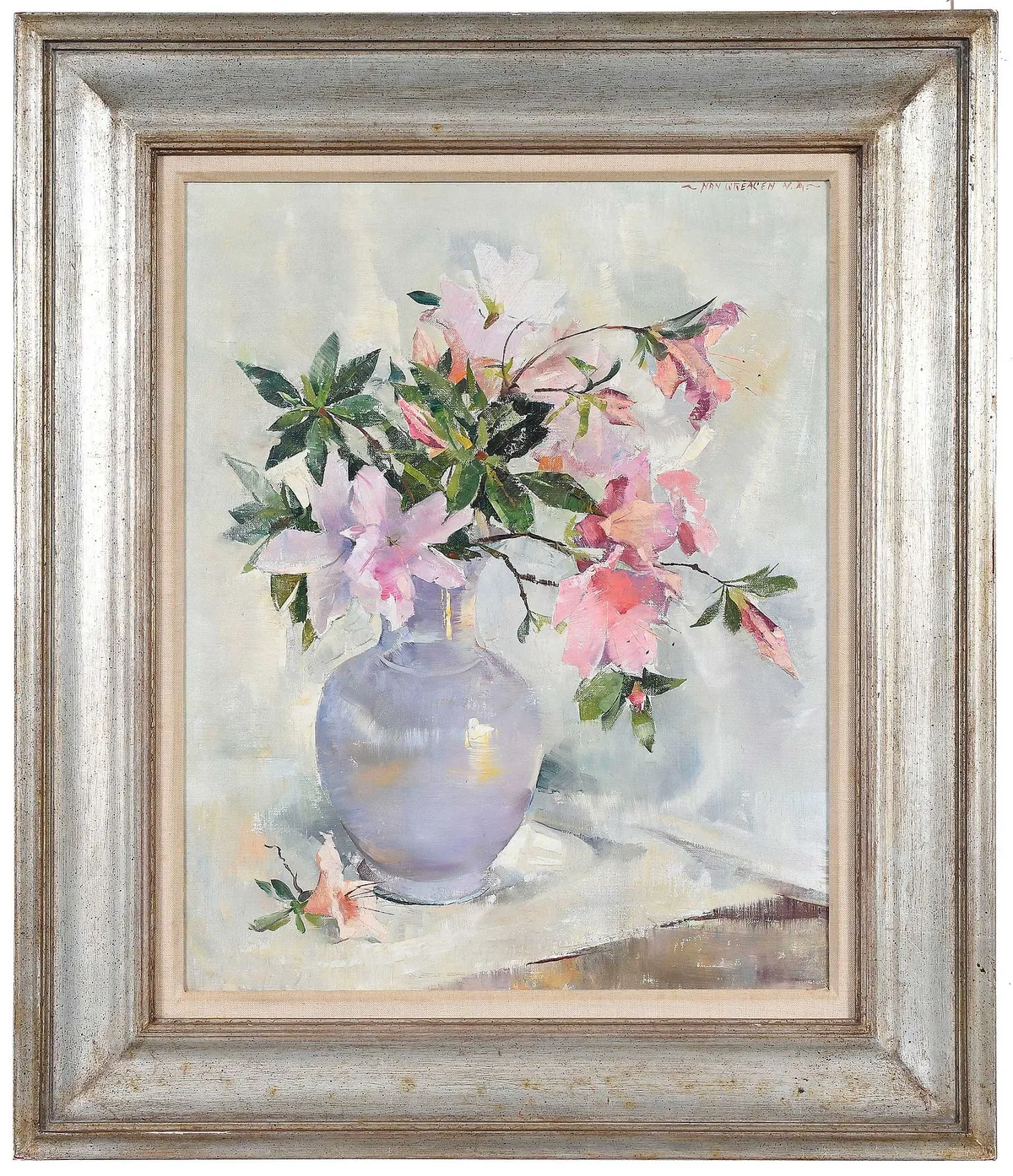 Nan Gracen, Still Life of Pink Azaleas, oil on canvas