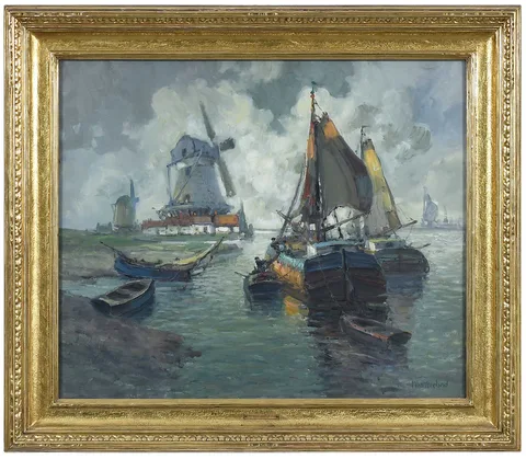 Francis Vreeland, Unloading Boats, Holland, oil on canvas