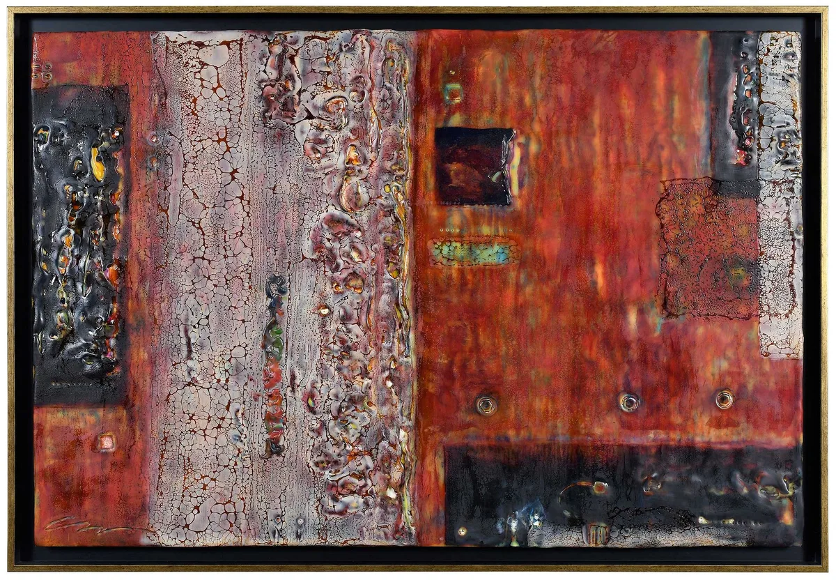 Season Change, abstract composition by Constance Williams, encaustic on board, sold Jul 2023
