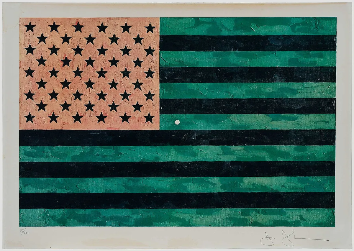 Flag (Moratorium) (U.L.A.E. S5) by Jasper Johns, 1969, Offset lithograph in colors, on wove paper, with margins, sold May 2023