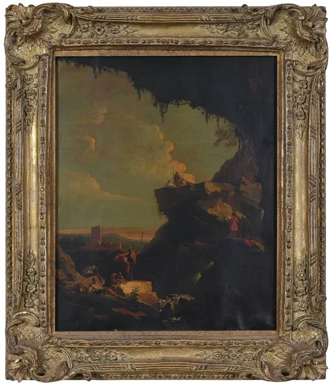 Marco Ricci, Rocky Outcropping with an Artist, Roman Figures, possibly signed lower right on rock, 18th century and possibly Grand Tour era, oil on canvas