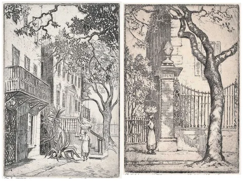Two works: Bit of Legare Street/Charleston by Elizabeth O'Neill Verner, etching, sold May 2023
