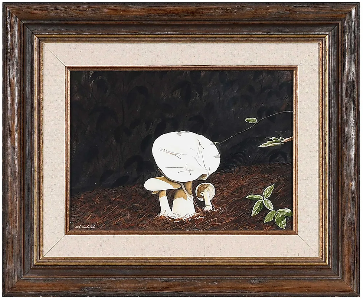 Bob Timberlake, Mushrooms in Pine Straw, watercolor and gouache on paper laid on card